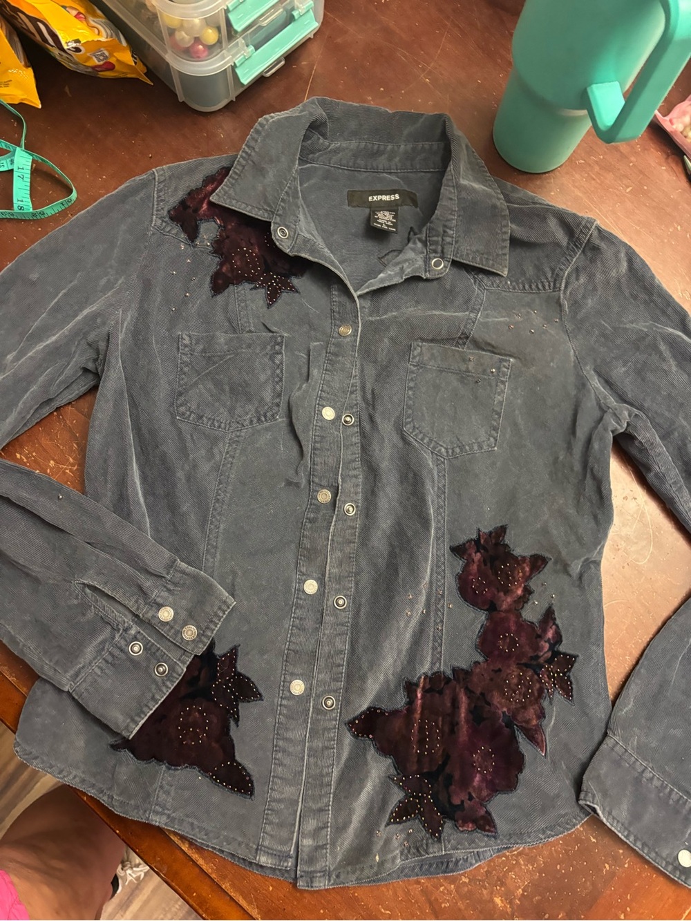 Express vintage gray corduroy with velvet patches rhinestone large old money